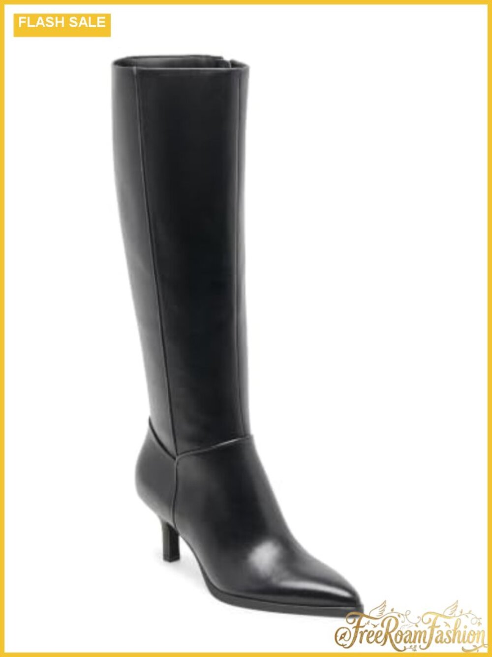 Knee High Boots Pointed Toe Kitten Heel Faux Leather Side Zip